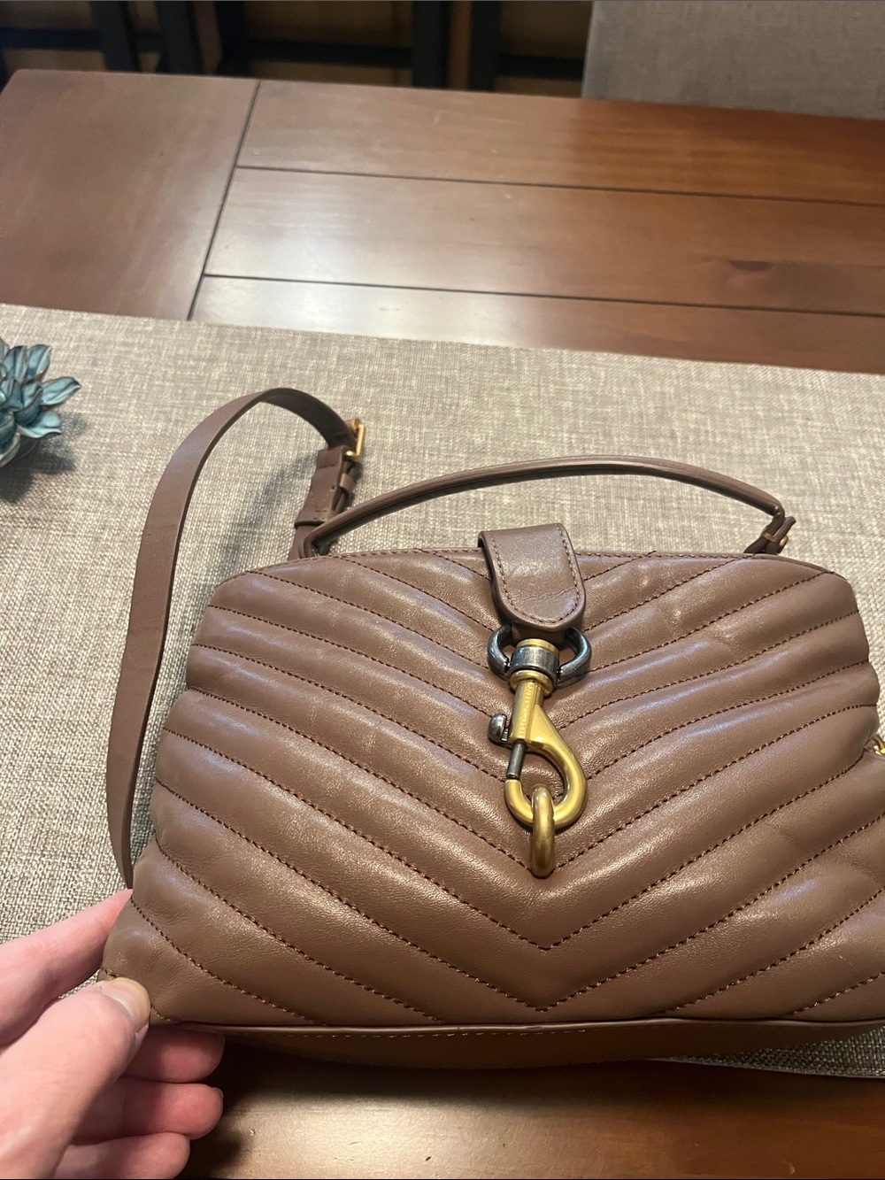Rebecca Minkoff Taupe Chevron Quilted Satchel with Gold Hardware